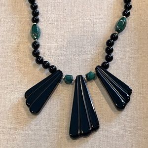 Black glass and green stone fan Necklace